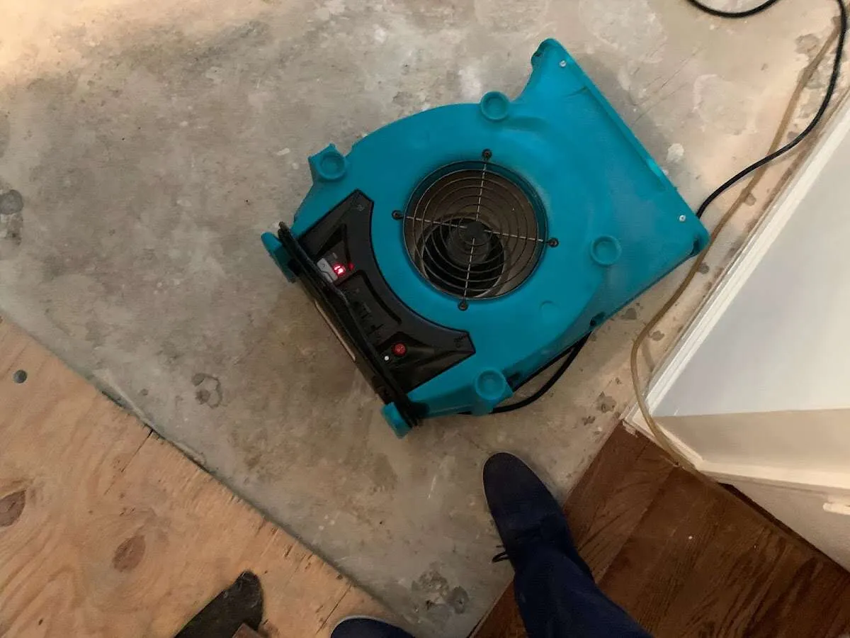 Air mover drying subfloor during Leak Detection & Repair in Sealy